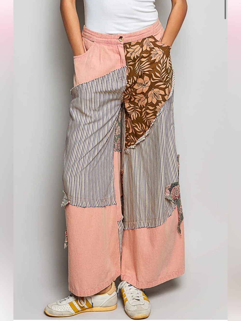 New: POL “Big Star” Striped Mixed Floral Boho Patchwork Wide Leg Pants• Medium